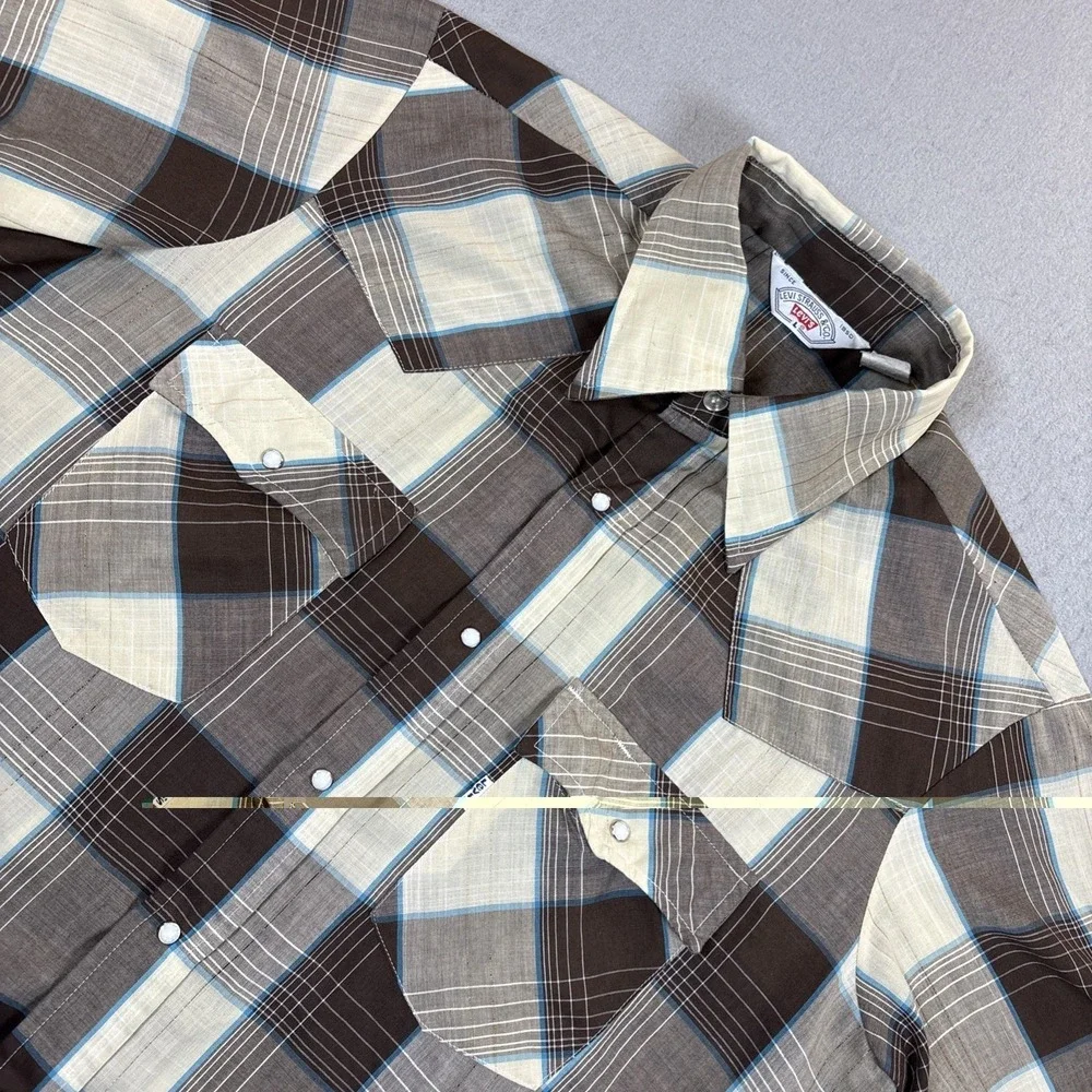 VTG Levi's Strauss Mens Western L Short Sleeve Pearl Snap Shirt Brown Plaid 80's